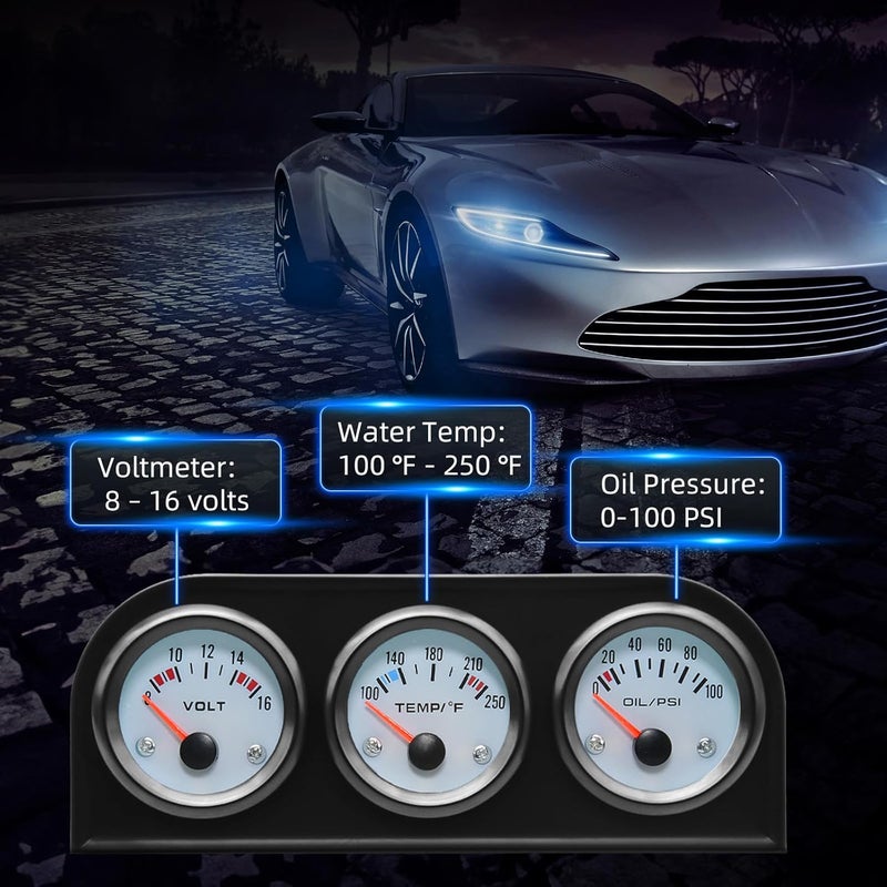 ARTILAURA 52mm Triple Gauge Set (Oil Pressure+Water Temp+Voltmeter) 3 in1 White Triple Meter Kit Dashboard with Black Console for 12V AUTO Car - Image 3
